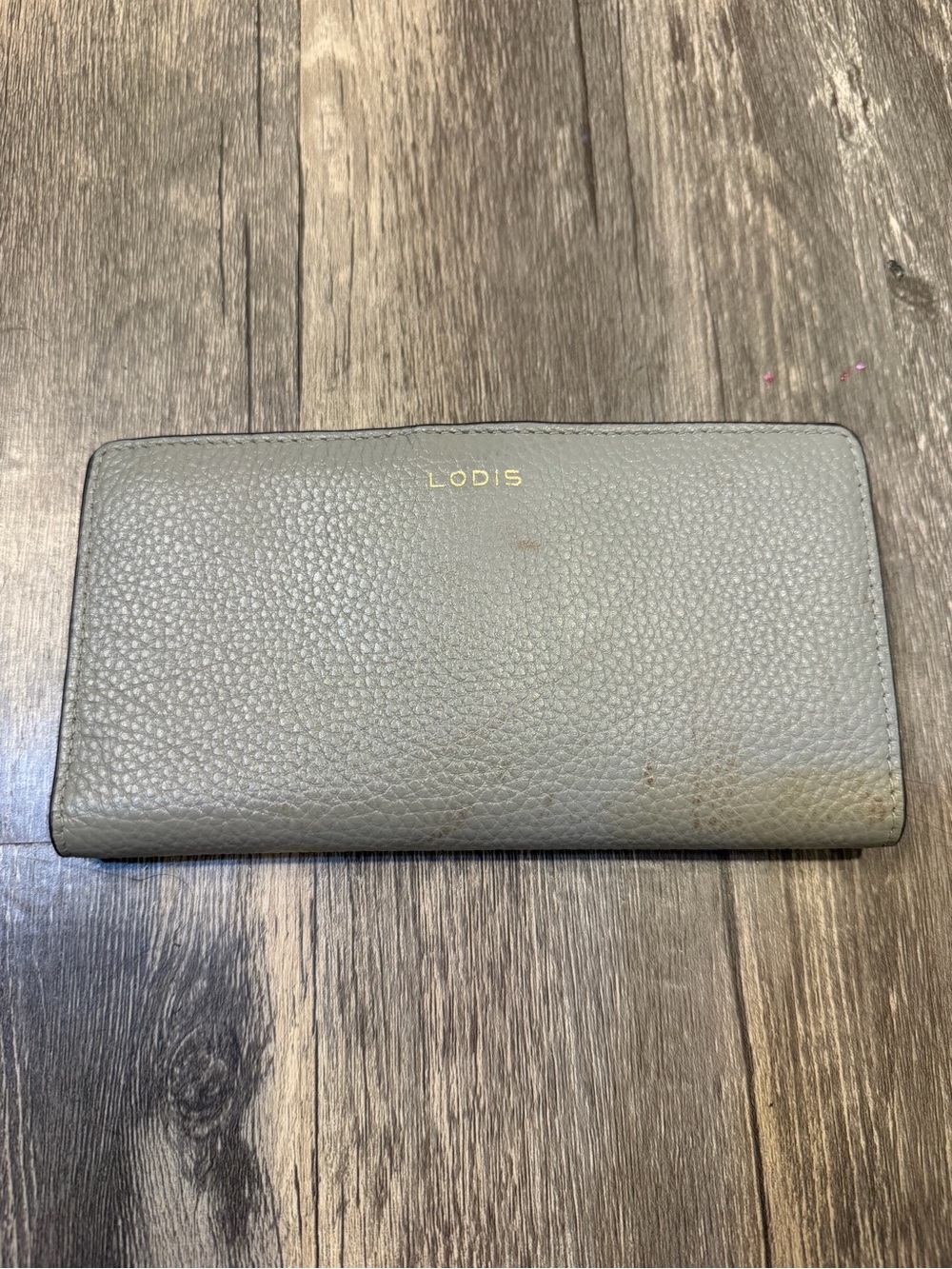 Lodis Gray Pebbled Leather Bifold Slim Wallet Snap Closure Minimalist Flawed